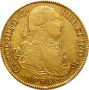 1792 Spanish 8 Escudos Gold Coin Charles IV