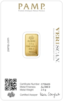 2.5g Gold Bar PAMP Lady Fortuna Minted