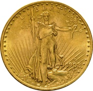 1908 $20 Gold Coin Double Eagle St Gaudens Head Denver
