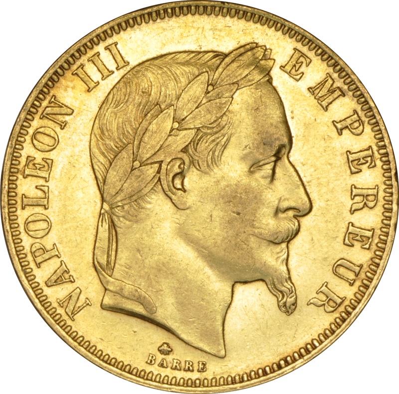 French 50 Francs Gold Coin Napoleon III Laureate Head