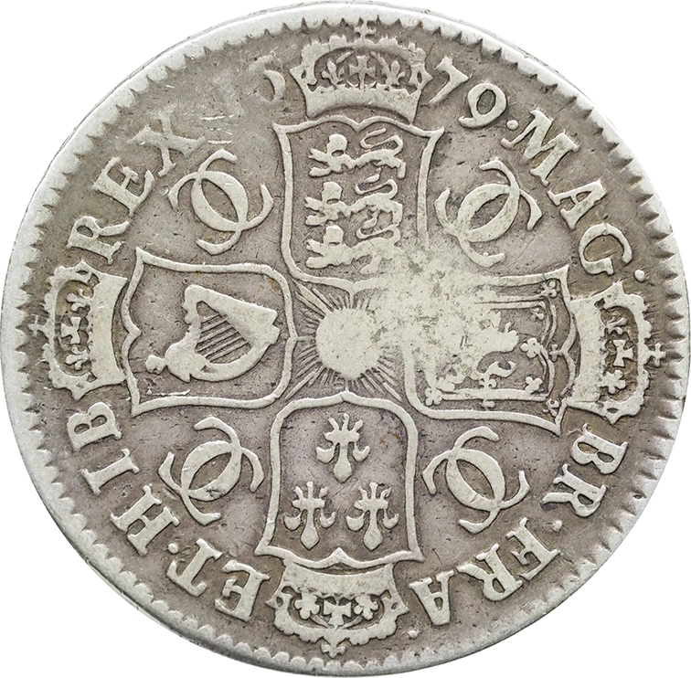 1679 Silver Half Crown Coin Charles II Fine