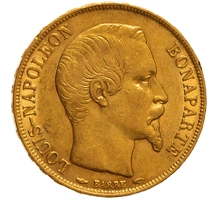 1852 French 20 Francs Gold Coin Napoleon III Bare Head A