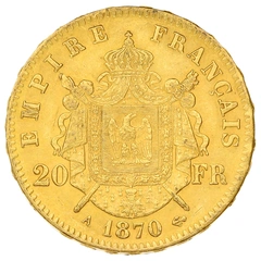 1870 French 20 Francs Gold Coin Napoleon III Laureate Head A