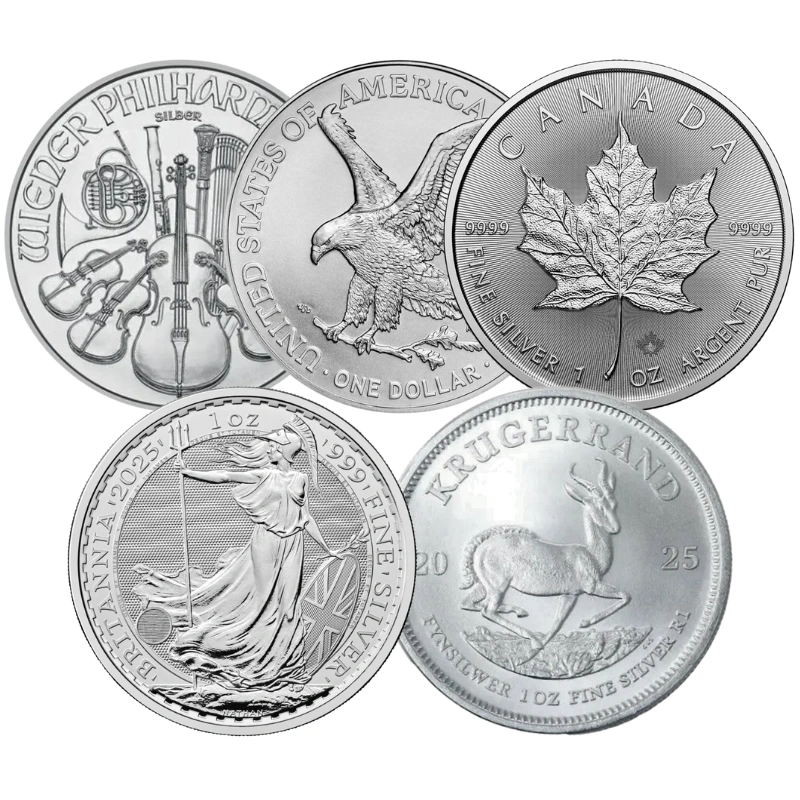 2025 1oz Silver Coin Set; Britannia, Krugerrand, Philharmonic, Eagle, Maple
