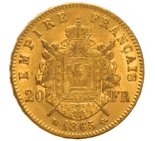 1865 French 20 Francs Gold Coin Napoleon III Laureate Head BB