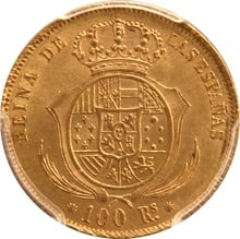 1859 Spanish 100 Reales Gold Coin Isabel II Barcelona PCGS MS64