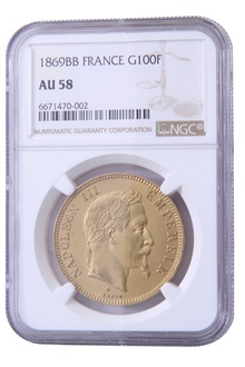 1869 French 100 Francs Gold Coin Napoleon III BB Strasbourg NGC AU58