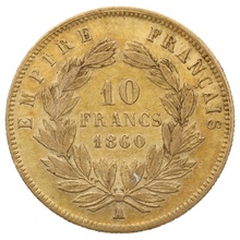 French 10 Francs Gold Coin Napoleon III Bare Head 1854-1860