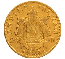 1863 French 20 Francs Gold Coin Napoleon III Laureate Head BB