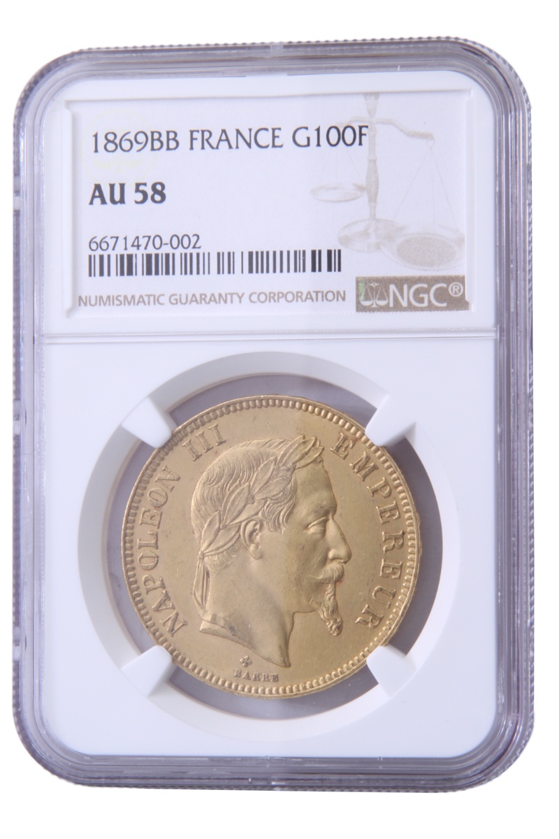 1869 French 100 Francs Gold Coin Napoleon III BB Strasbourg NGC AU58