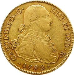 1792 Spanish 8 Escudos Gold Coin Charles IV