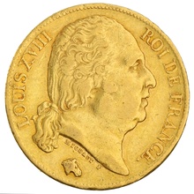 French 20 Francs Gold Coin Louis XVIII Bare Head