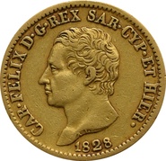 1828 Sardinian 20 Lire Gold Coin Carlo Felice