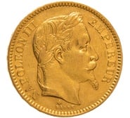 1863 French 20 Francs Gold Coin Napoleon III Laureate Head BB