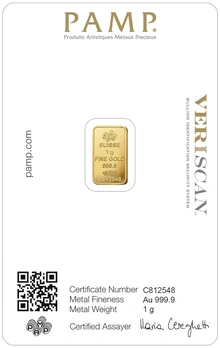 1g Gold Bar PAMP Lady Fortuna Minted