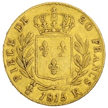 1815 French 20 Francs Gold Coin Louis XVIII Uniformed Bust R