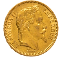 1864 French 20 Francs Gold Coin Napoleon III Laureate Head BB