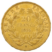 1855 French 20 Francs Gold Coin Napoleon III Bare Head A greyhound