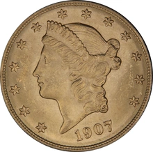 1907 $20 Gold Coin Double Eagle Liberty Head Denver NGC MS63