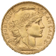 1902 French 20 Francs Gold Coin Marianne Rooster