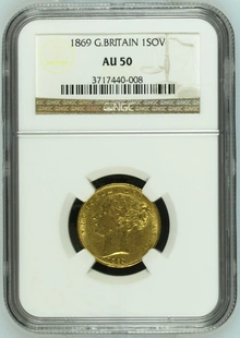 1869 Gold Sovereign Coin Queen Victoria Young Head Shield Back NGC AU50