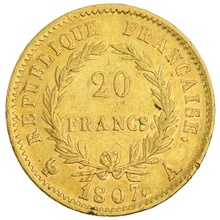 1807 French 20 Francs Gold Coin Napoleon I Bare Head (Temporary) A