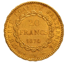1874 French 20 Francs Gold Coin Guardian Angel A