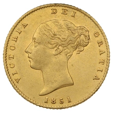 1851 Gold Half Sovereign Queen Victoria Young Head Shield Back