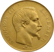French 50 Francs Gold Coin Napoleon III Bare Head