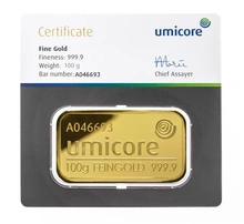100g Gold Bar Umicore Minted
