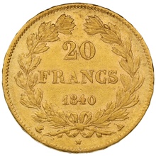 1840 French 20 Francs Gold Coin Louis-Philippe Laureate Head A