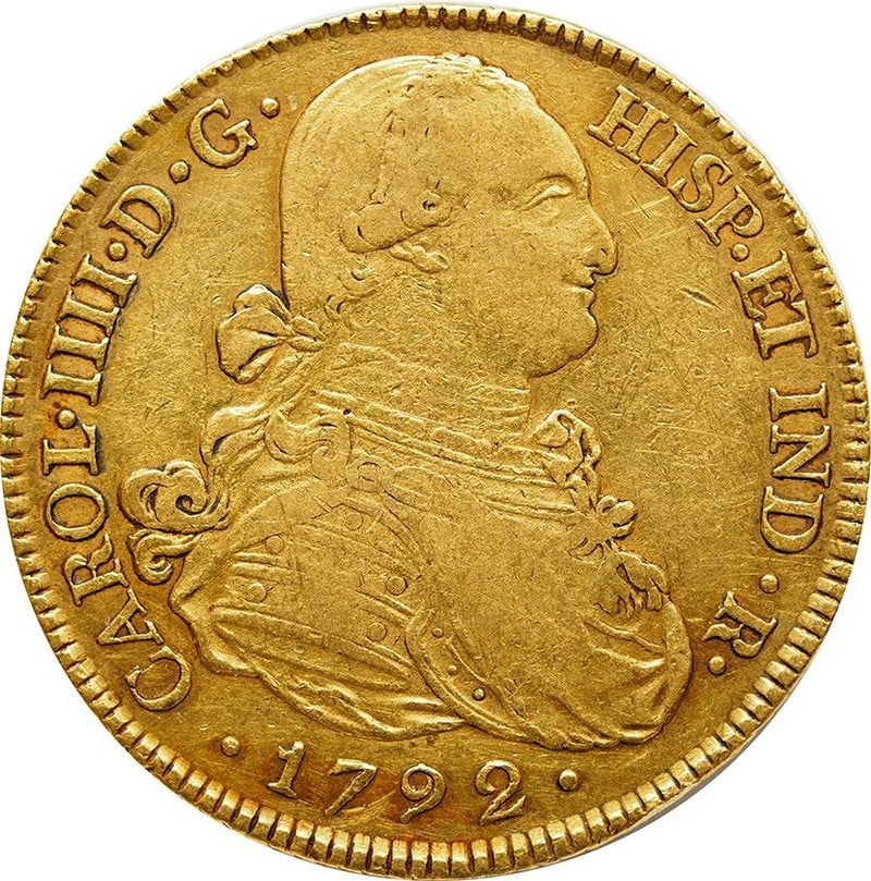 1792 Spanish 8 Escudos Gold Coin Charles IV