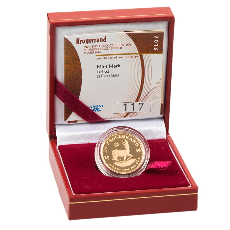 2016 Proof 1/4oz Krugerrand Gold Coin QEII 90th Birthday Boxed