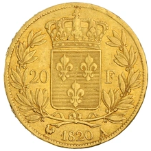 1820 French 20 Francs Gold Coin Louis XVIII Bare Head A