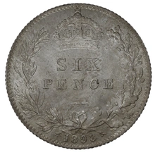 1893 Silver Sixpence Coin Queen Victoria
