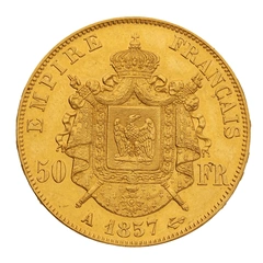 1857 French 50 Francs Gold Coin Napoleon III Bare Head A