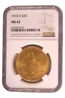 1910 $20 Gold Coin Double Eagle St Gaudens Head San Francisco NGC MS62