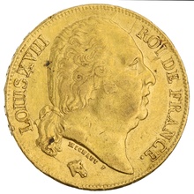 1818 French 20 Francs Gold Coin Louis XVIII Bare Head A