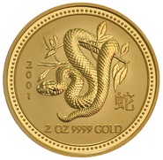2001 Year of the Snake Gold Coin 2oz Perth Mint Australian Lunar Series