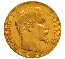 1860 French 20 Francs Gold Coin Napoleon III Bare Head A