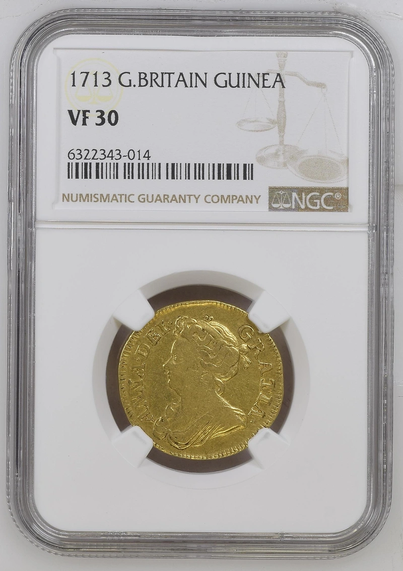 1713 Gold Guinea Coin Queen Anne NGC VF30