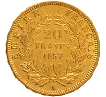 1857 French 20 Francs Gold Coin Napoleon III Bare Head A