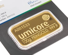 100g Gold Bar Umicore Minted