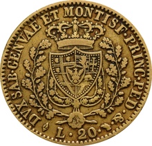 1828 Sardinian 20 Lire Gold Coin Carlo Felice