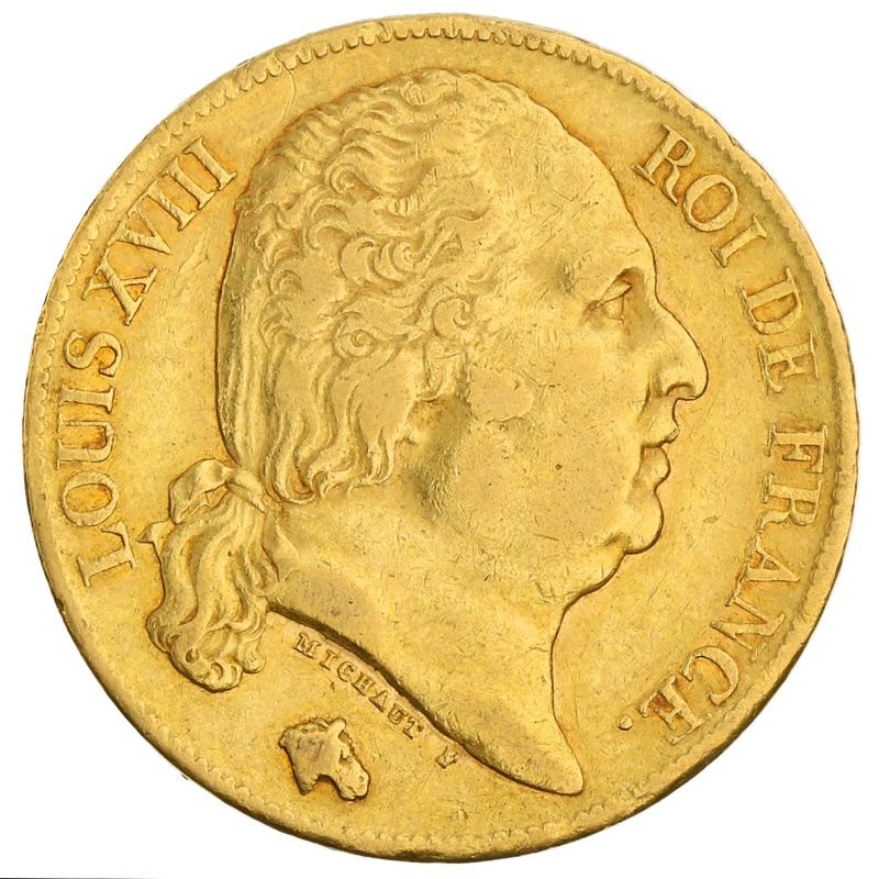French 20 Francs Gold Coin Louis XVIII Bare Head