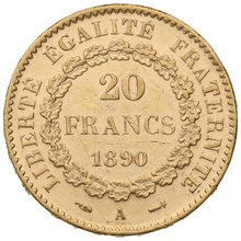 1890 French 20 Francs Gold Coin Guardian Angel A