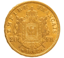 1862 French 20 Francs Gold Coin Napoleon III Laureate Head BB