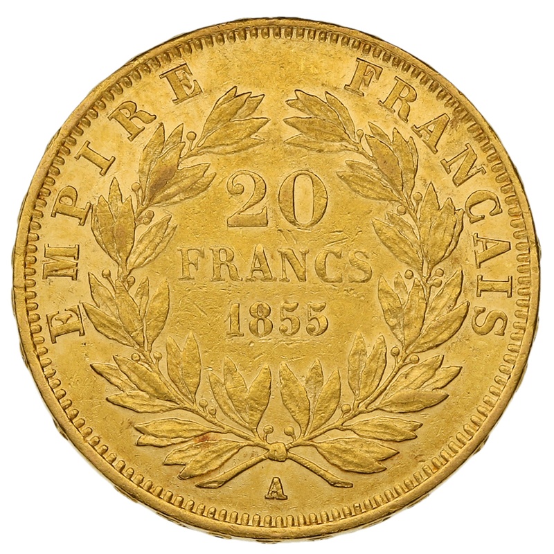 1855 French 20 Francs Gold Coin Napoleon III Bare Head A greyhound