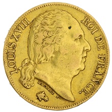 1819 French 20 Francs Gold Coin Louis XVIII Bare Head A