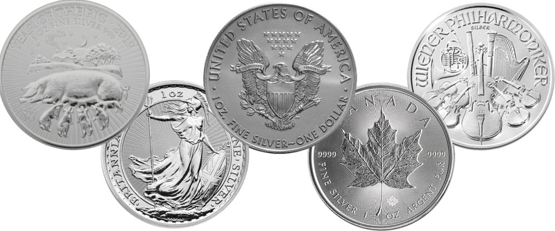 2019 1oz Silver Coin Set; Eagle, Maple, Brit, Phil, Pig